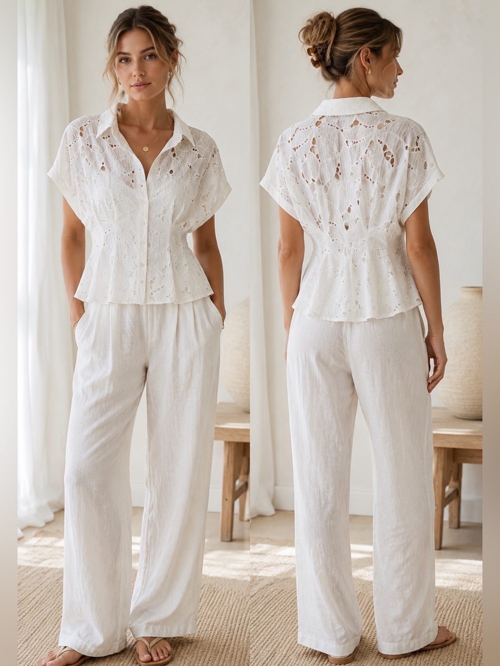 Exquise White Eyelet Button-Down Cottagecore Romantic Short Sleeve Blouse Size 4